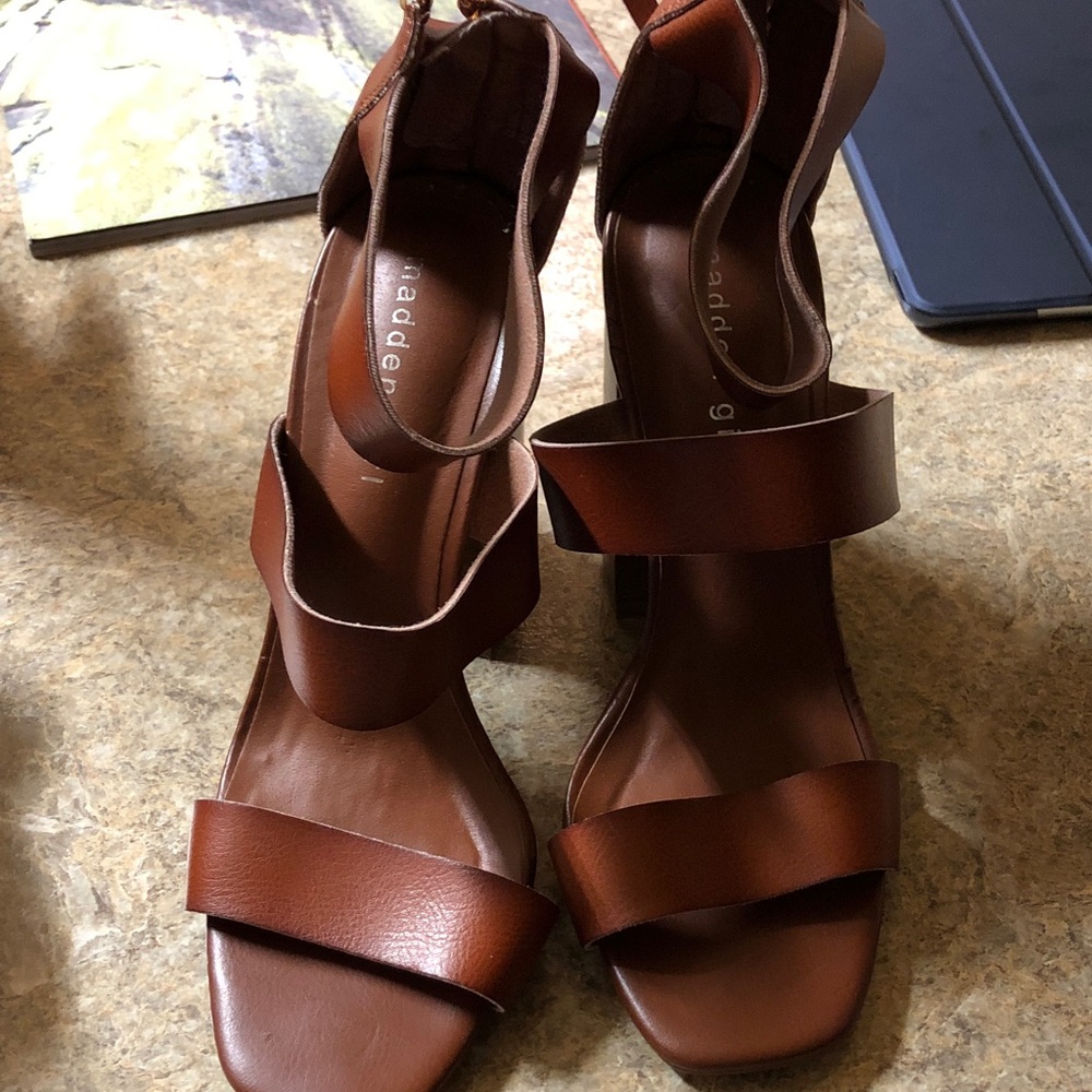 Madden Girl Cognac Brown Triple-Strap Block Heel Sandals